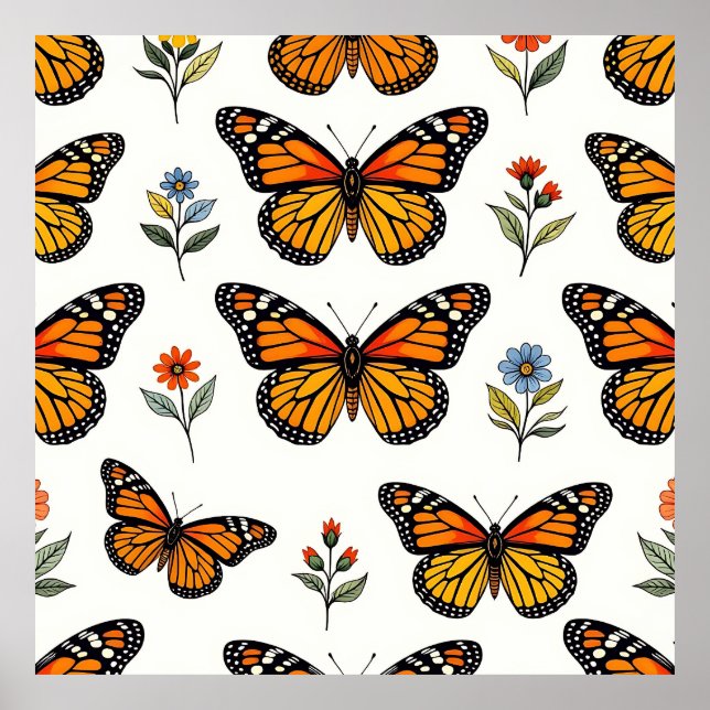 Poster Padrão Floral de Borboleta Monarca (Frente)
