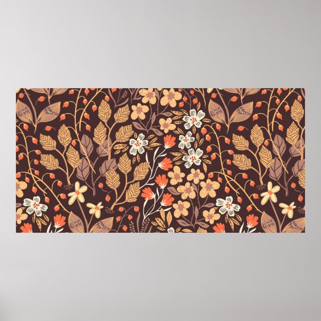 Poster padrão floral de colheita sem costura com folhas d (Frente)