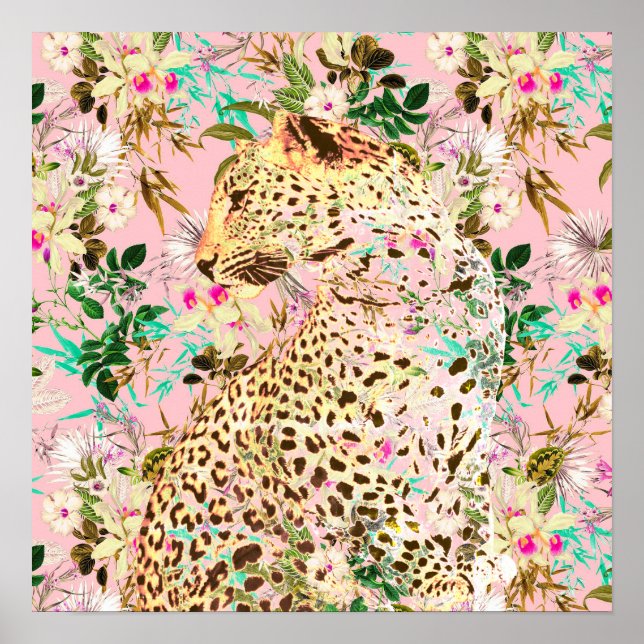 Poster Padrão floral de impressão-leopardo-tropical do Ha (Frente)