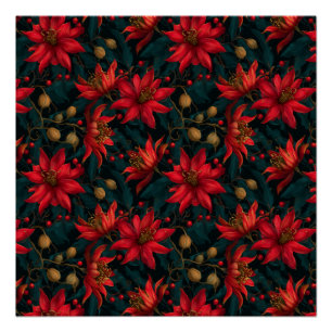 Pôster Padrão Floral de Natal Vermelho Escuro