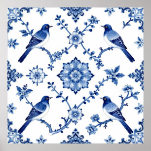 Poster Padrão Floral de Pássaro Chinoiserie Azul