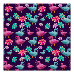 Pôster Padrão Floral de Pato Fofo Kawaii Rosa Azul