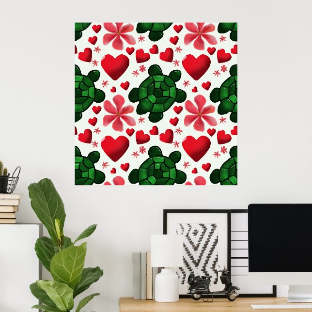 Poster Padrão Floral de Tartaruga Fofa | Flores Vermelhas (Escritório em casa)