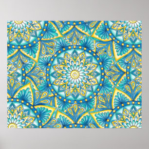 Poster Padrão Floral de Turquesa Azul Amarelo