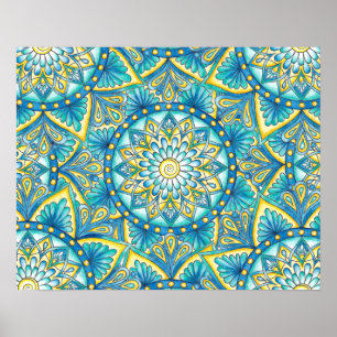 Poster Padrão Floral de Turquesa Azul Amarelo de Mandala