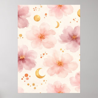 Poster Padrão Floral em Aquarela Rosa Elegante