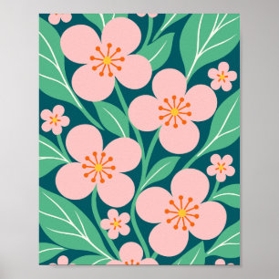 Poster Padrão Floral Flor de Cerejeira com Folhas Verdes