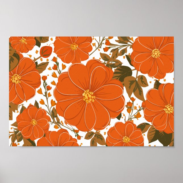 Poster Padrão Floral Laranja Vibrante com Folhas (Frente)