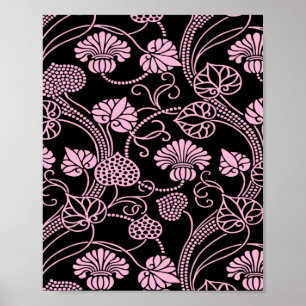 Poster Padrão Floral Retroativo Rosa em Preto