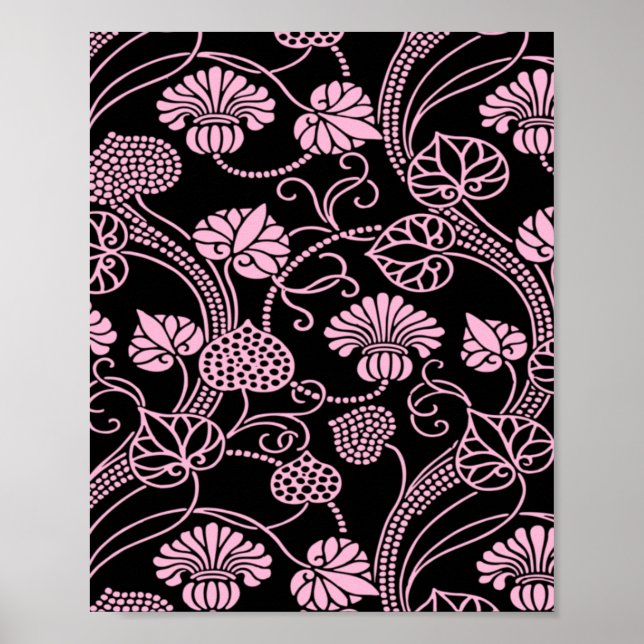Poster Padrão Floral Retroativo Rosa em Preto (Frente)