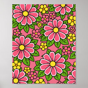 Poster Padrão Floral Rosa e Amarelo com Folhas Verdes