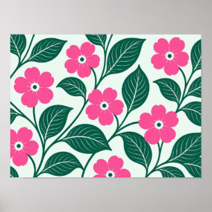 Poster Padrão Floral Rosa Elegante com Folhas Verde Escur