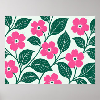 Poster Padrão Floral Rosa Elegante com Folhas Verde Escur