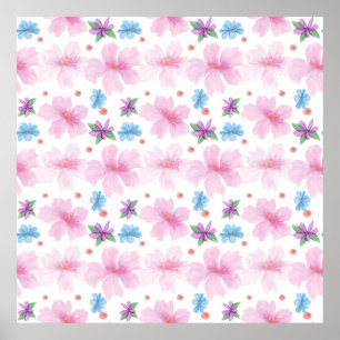 Poster Padrão Floral Rosa em Aquarela Suave