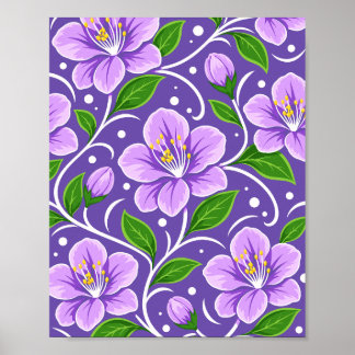 Poster Padrão Floral Roxo Claro com Folhas Verdes
