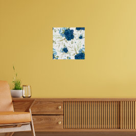 Poster Padrão Floral Seamless de Aquarela Azul
