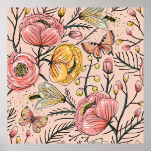 Poster padrão floral sem costura com flores de colheita e