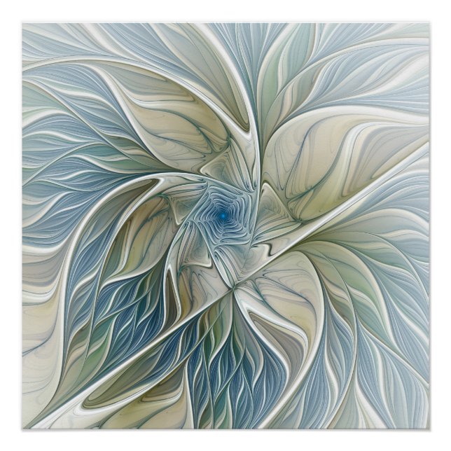 Pôster Padrão Floral Sonho Abstrato Caqui Azul Fractal (Frente)