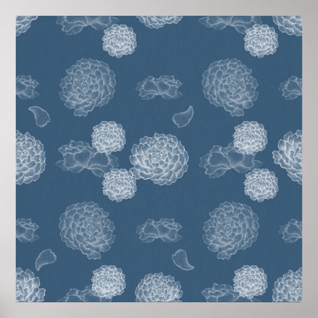 Poster Padrão floral uniforme de Peony Azul (Frente)