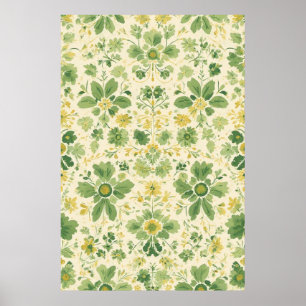 Poster Padrão Floral Verde-eterno e Amarelo