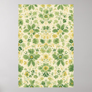 Poster Padrão Floral Verde-eterno e Amarelo