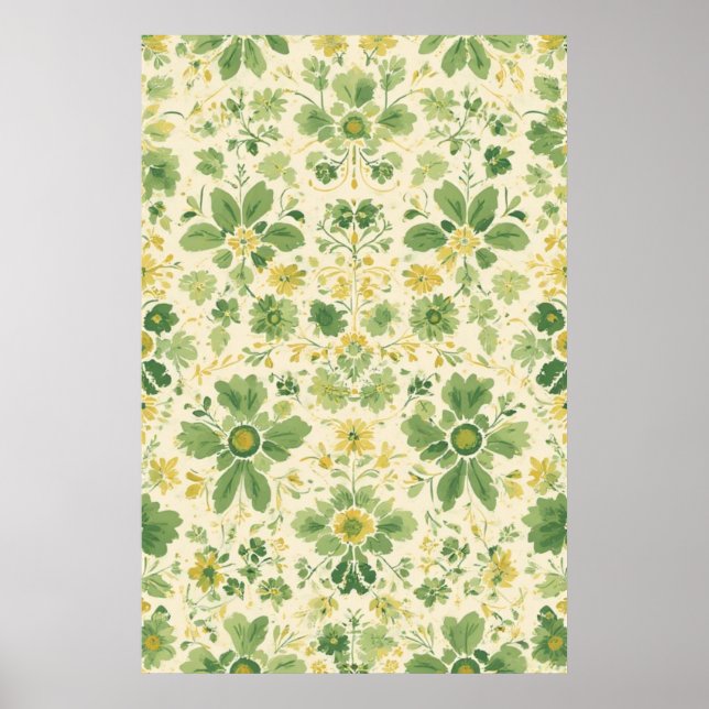 Poster Padrão Floral Verde-eterno e Amarelo (Frente)