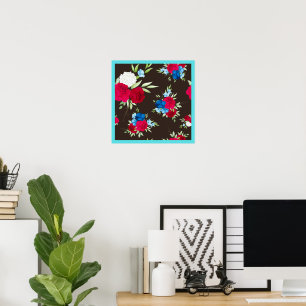 Poster Padrão Floral Vermelho Azul Elegante em Marrom Esc