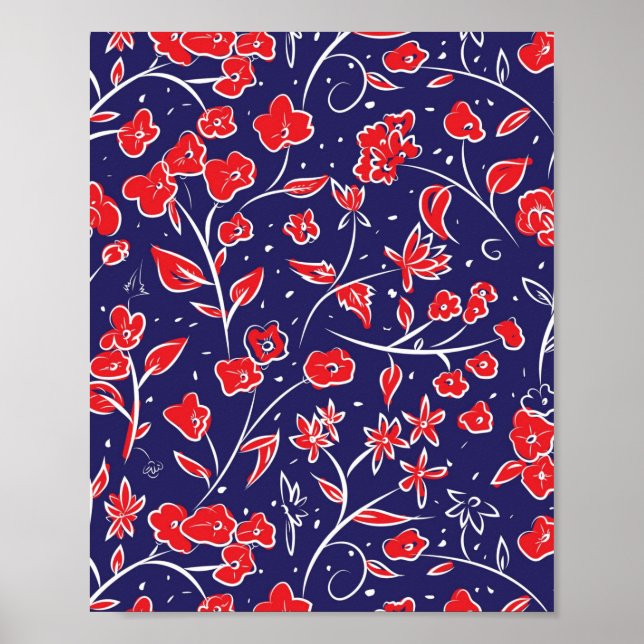 Poster Padrão Floral Vermelho e Azul (Frente)