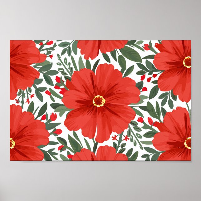 Poster Padrão Floral Vermelho Negrito com Folhas Verdes L (Frente)