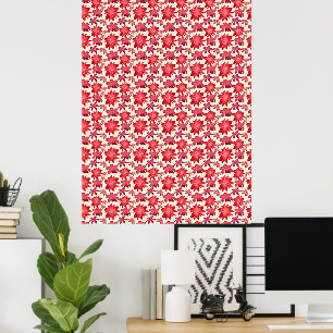 Poster Padrão Floral Vermelho Rosa Sem Costura Estética E