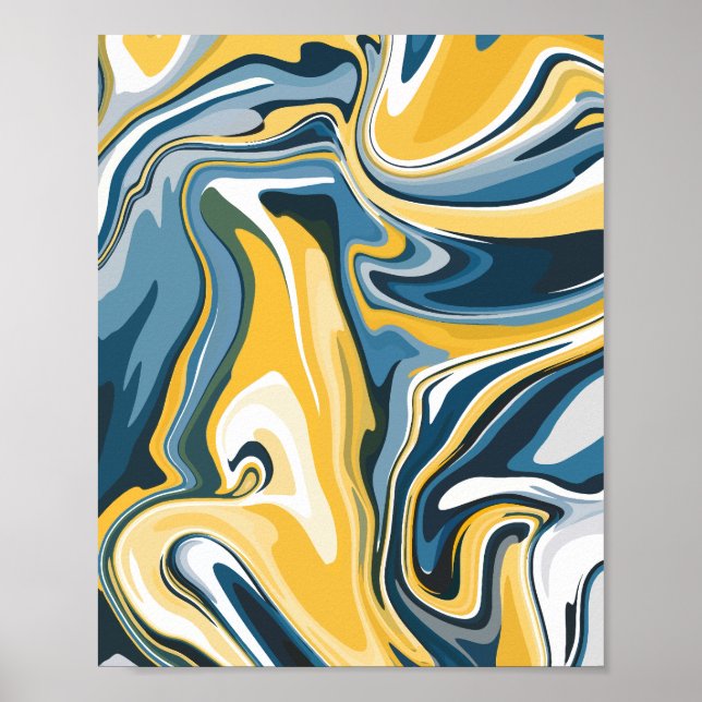 Poster Padrão Fluido Azul e Amarelo Abstrato (Frente)