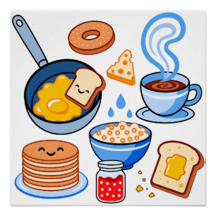 Pôster Padrão Fofo de Café da Manhã – Comida Kawaii Sem C