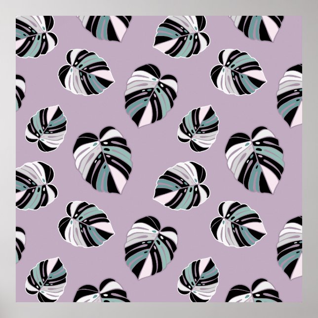 Poster Padrão Folha Monstera - Preto Verde Roxo Branco (Frente)
