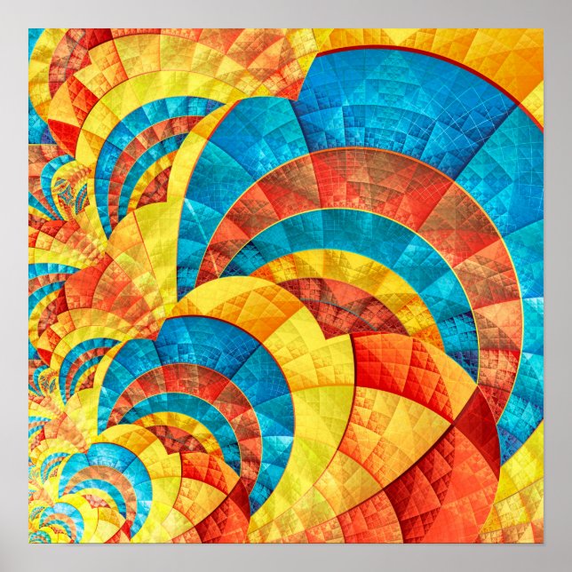 Poster Padrão Fractal Azul, Amarelo e Laranja (Frente)