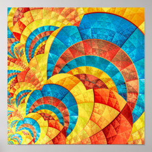 Poster Padrão Fractal Azul, Amarelo e Laranja