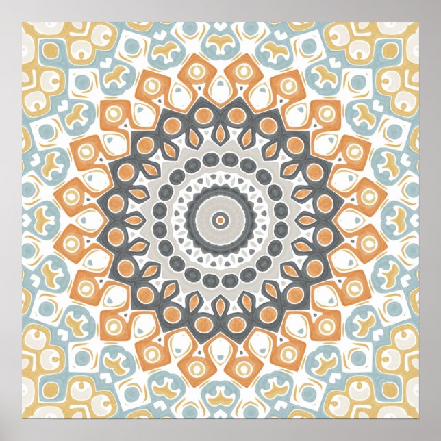 Poster Padrão Geométrico de Mandala em Laranja e Cinza Qu (Frente)