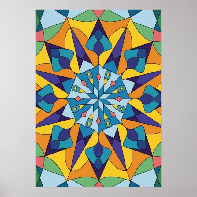Poster Padrão geométrico fractal azul e amarelo (Frente)