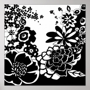 Pôster Padrão Gráfico do Jardim Floral Preto e Branco