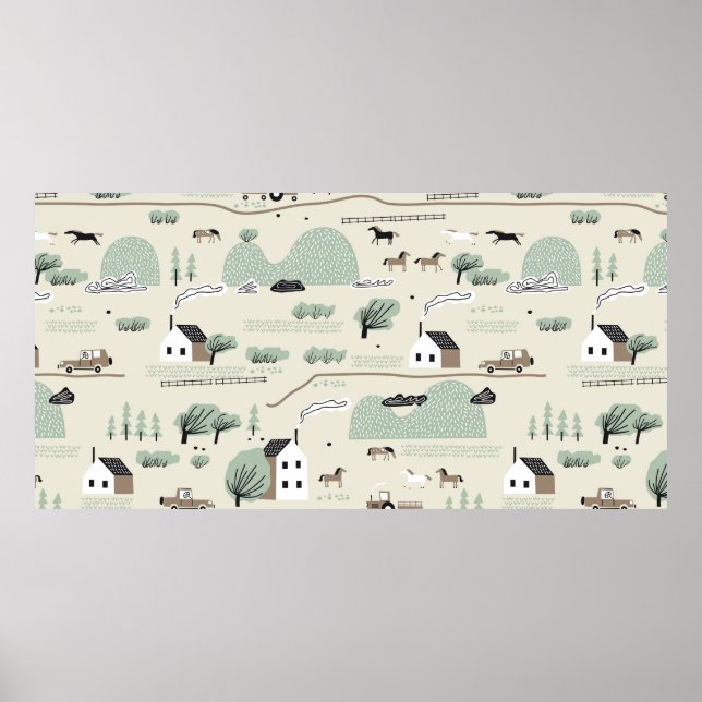 Poster Padrão incolor com casa, árvores, cavalo (Frente)