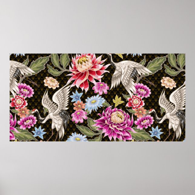 Poster Padrão japonês com flores e gruas brancas (Frente)