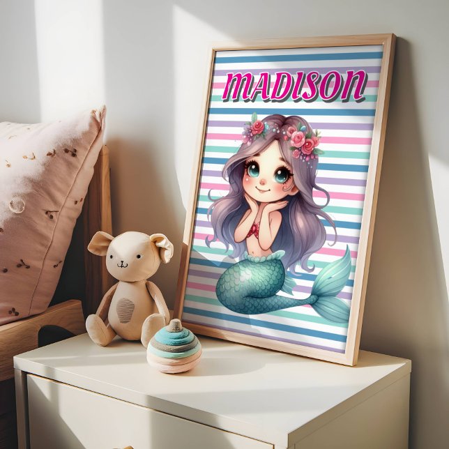 Poster Padrão listrado de Sereia Rosa Personalizado (Criador carregado)