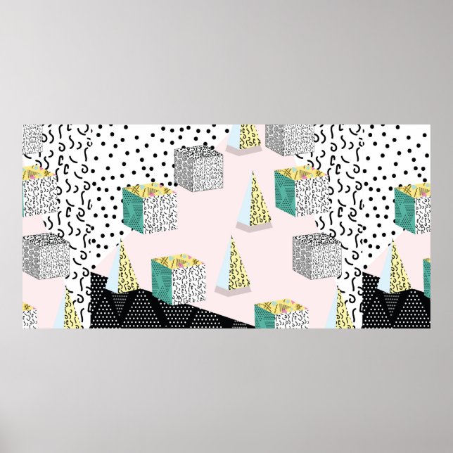 Poster padrão Memphis com elementos geométricos, em grade (Frente)