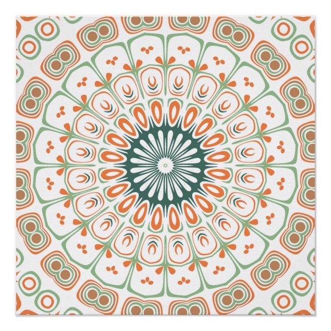Pôster Padrão Moderno de Mandala Laranja e Verde (Frente)
