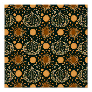Pôster Padrão Ornamental Boho Dourado Elegante