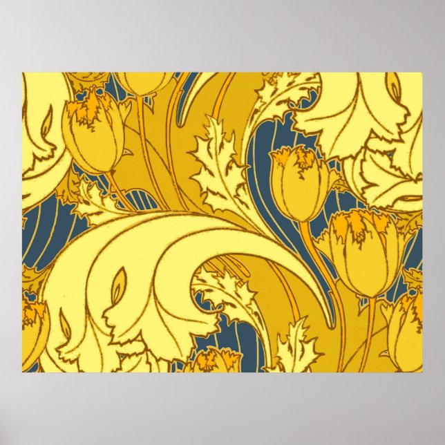 Pôster Padrão Ousado de Tulipa Azul Dourado Vintage (Frente)
