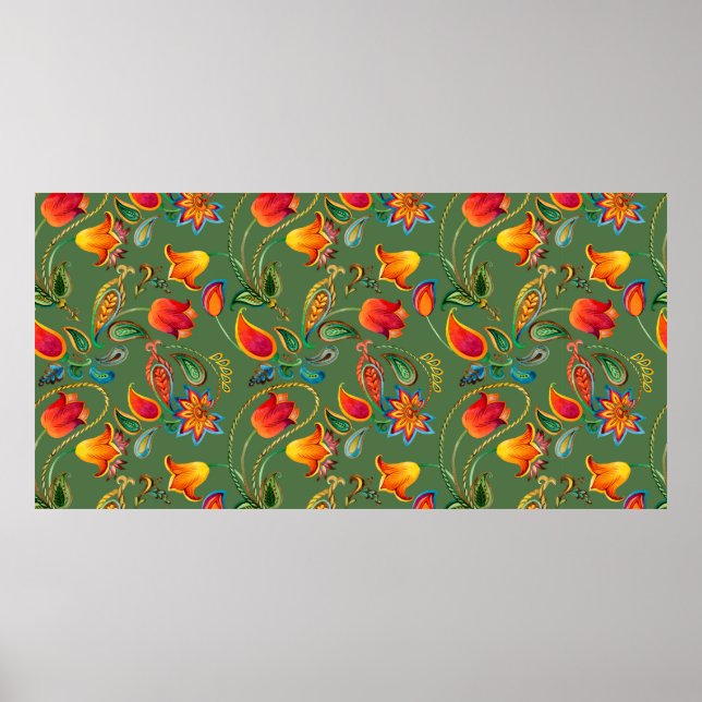 Poster Padrão paisley de flor de aquarela (Frente)