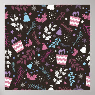 Poster Padrão perfeito de Natal com árvore, neve, present