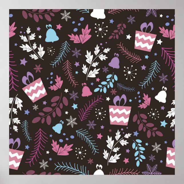 Poster Padrão perfeito de Natal com árvore, neve, present (Frente)