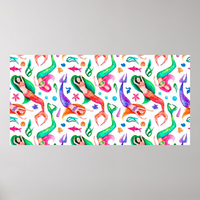 Poster Padrão sem costura aquarelas com sereias, martelo (Frente)