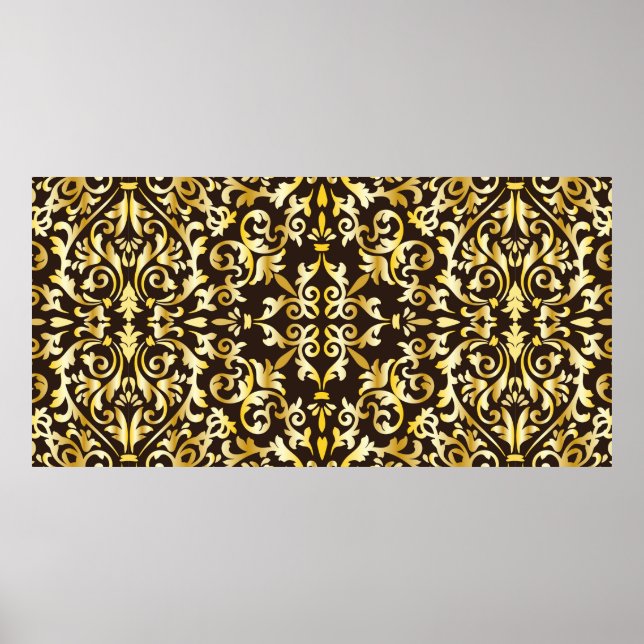Poster Padrão sem costura barroco ouro no fundo preto (Frente)